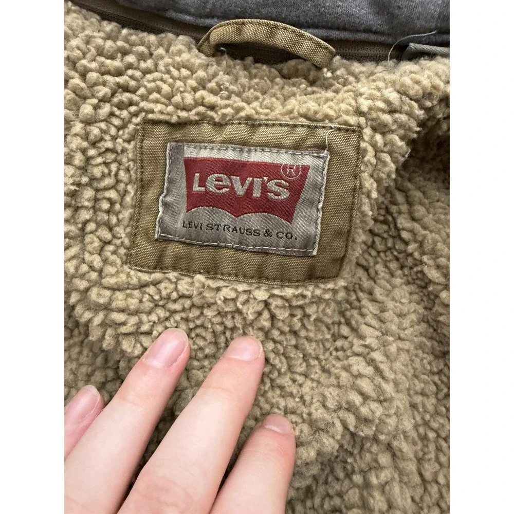 Levis Trucker Jacket Mens XL Khaki Military Field Hood Utility Chore Sherpa Line